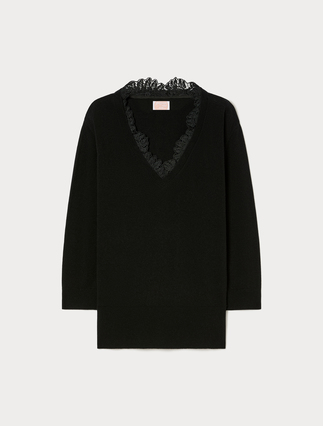 Pullover aus Wolle mit Spitze - SCHWARZ - Marina Rinaldi - 1