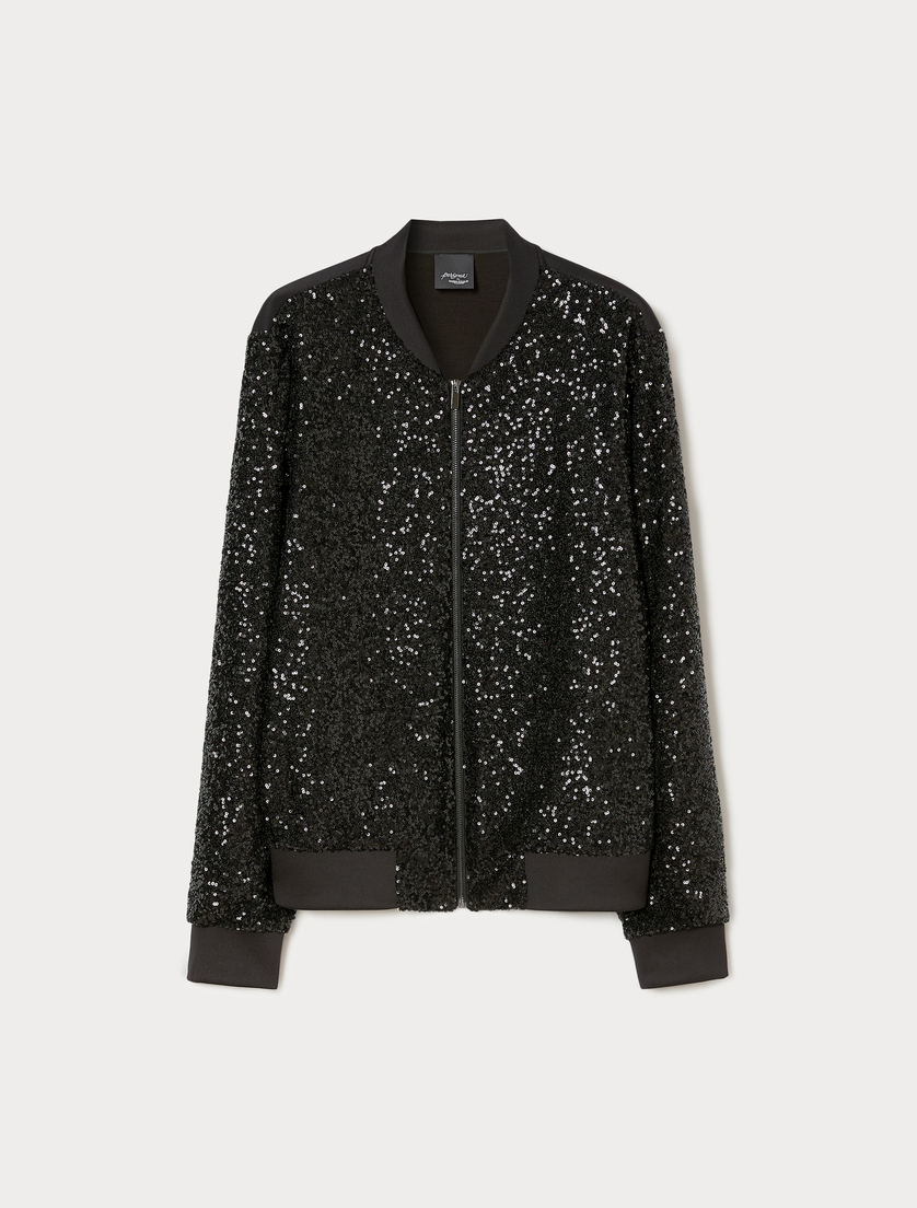 Embroidered tulle bomber jacket - BLACK - Marina Rinaldi