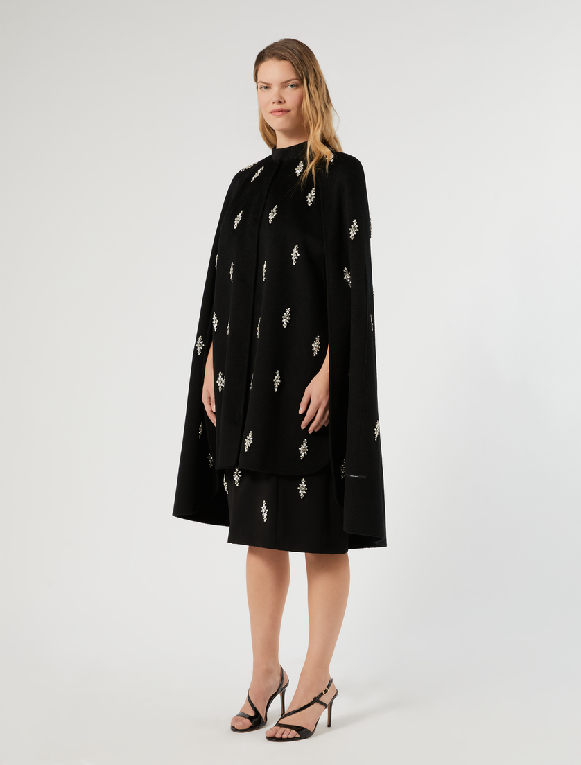 Embroidered pure wool broadcloth cape - BLACK - Marina Rinaldi - 3