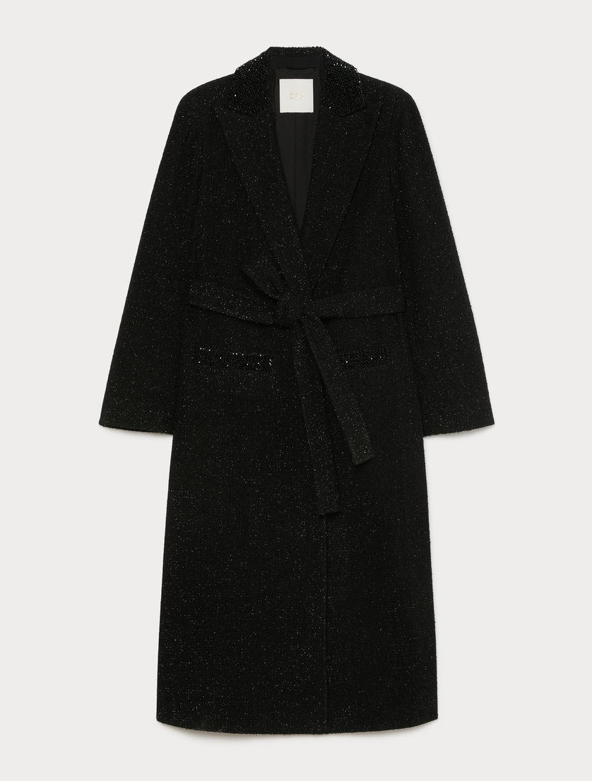 Lamé-adorned yarn-dyed duster coat - BLACK - Marina Rinaldi