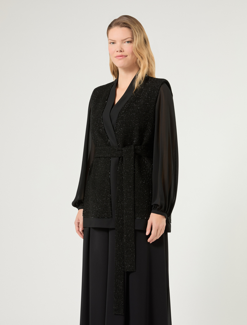 Lamé-adorned embroidered yarn-dyed gilet - BLACK - Marina Rinaldi - 3