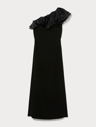 One-shoulder dress in cady and silk - BLACK