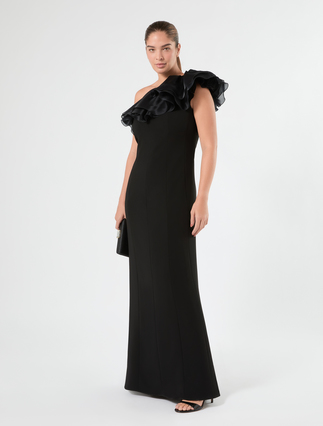 One-shoulder dress in cady and silk - BLACK