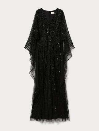 Kaftan dress in tulle with embroidery - BLACK