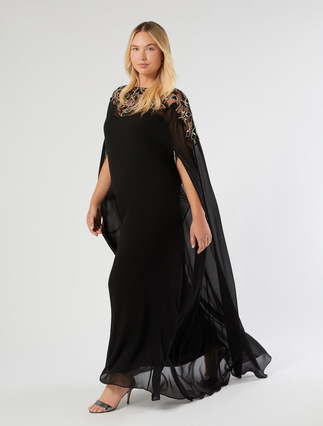 Pure silk georgette cape dress - BLACK