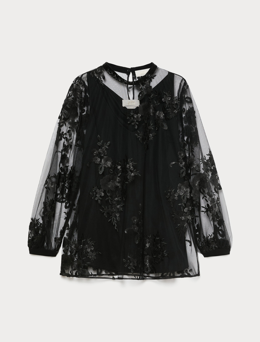 Embroidered tulle blouse - BLACK - Marina Rinaldi