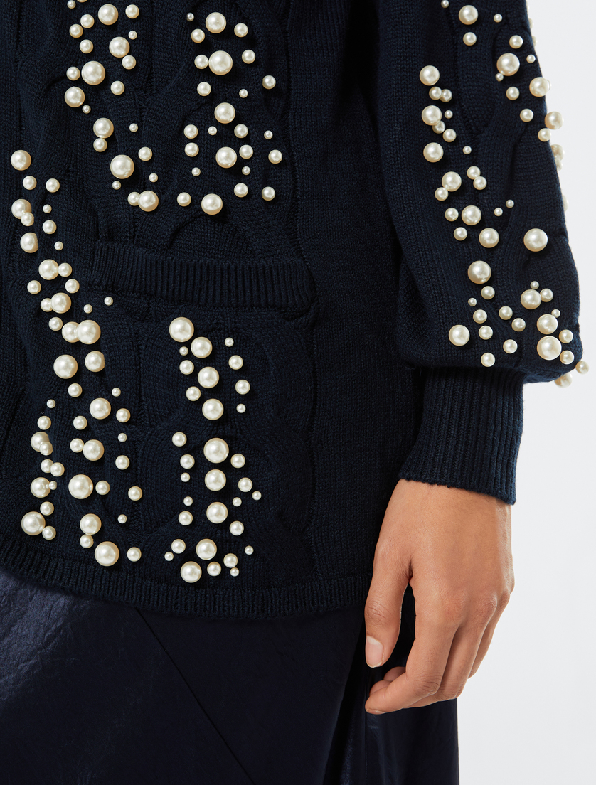 Cable-knit cardigan with pearl detail - CIEMNOGRANATOWY - Marina Rinaldi - 5