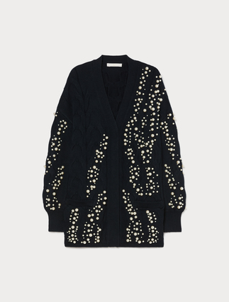 Cable-knit cardigan with pearl detail - CIEMNOGRANATOWY - Marina Rinaldi - 1