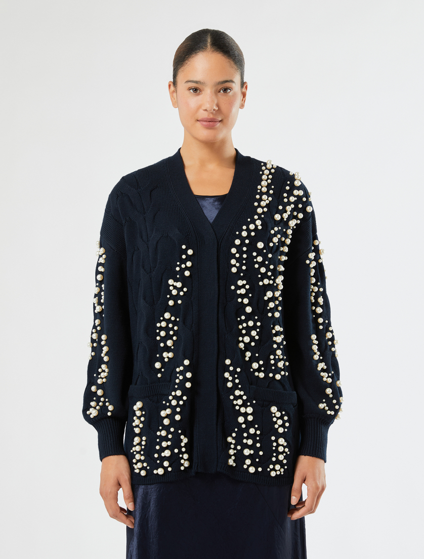 Cable-knit cardigan with pearl detail - CIEMNOGRANATOWY - Marina Rinaldi - 3