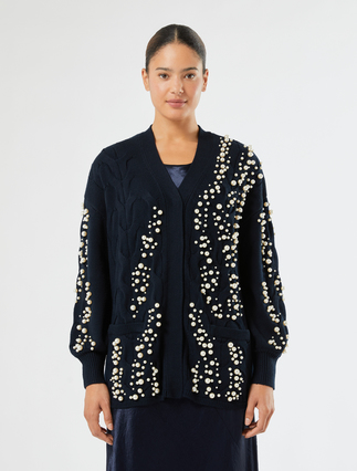 Cable-knit cardigan with pearl detail - CIEMNOGRANATOWY - Marina Rinaldi - 3
