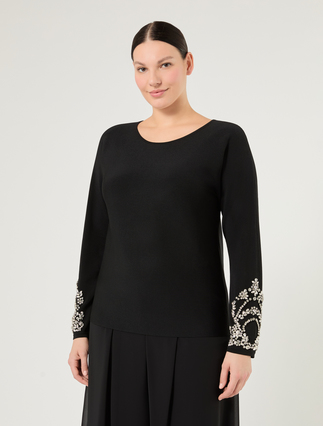 Sweter z wiskozy z haftem - CZARNY - Marina Rinaldi - 3
