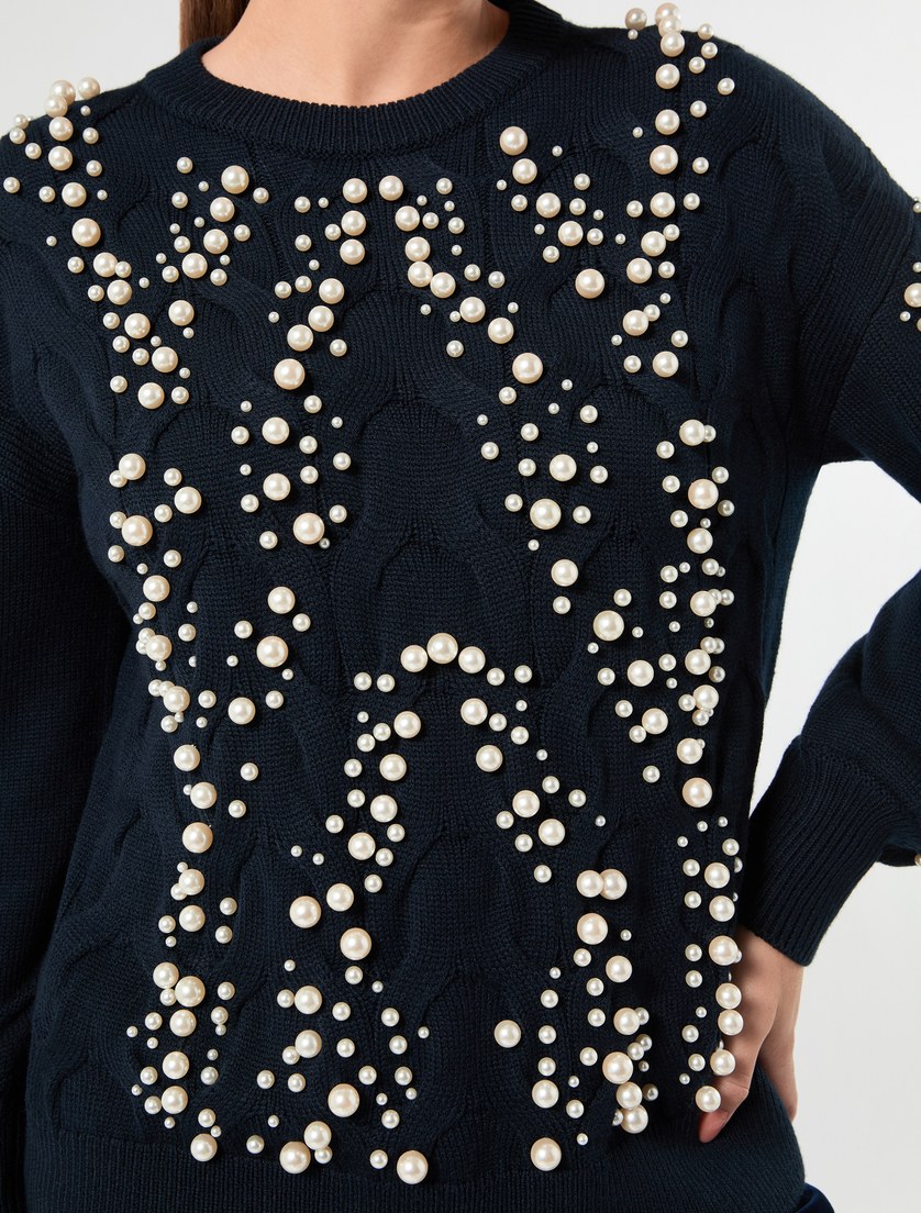 Cable-knit sweater with pearl detail - CIEMNOGRANATOWY - Marina Rinaldi - 5
