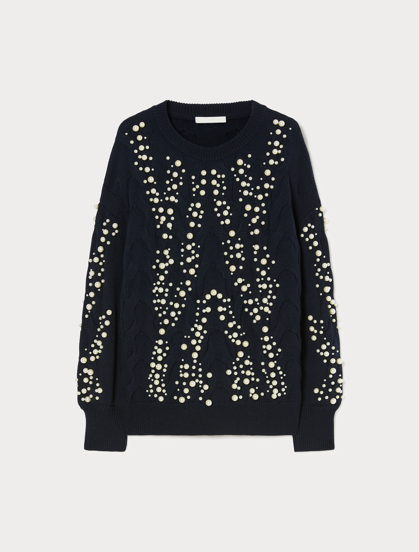 Cable-knit sweater with pearl detail - CIEMNOGRANATOWY - Marina Rinaldi