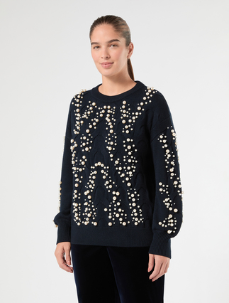 Cable-knit sweater with pearl detail - CIEMNOGRANATOWY - Marina Rinaldi - 3