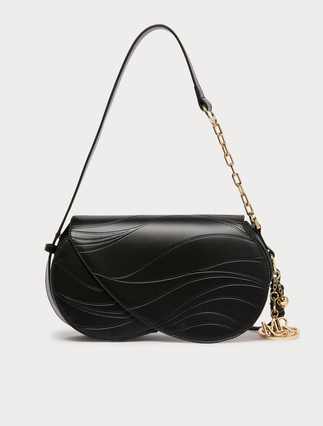 Charm-adorned wavy flapover bag - BLACK