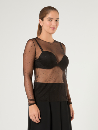 T-shirt in tulle con strass - NERO