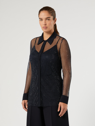 Rhinestone-adorned mesh jersey shirt - MIDNIGHTBLUE - Marina Rinaldi - 3