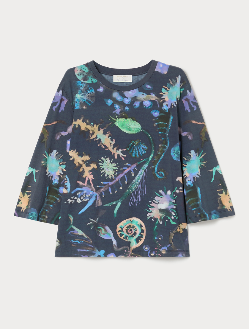 Embroidered jersey T-shirt - MIDNIGHTBLUE - Marina Rinaldi