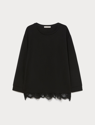 Lace-trimmed scuba sweatshirt - BLACK